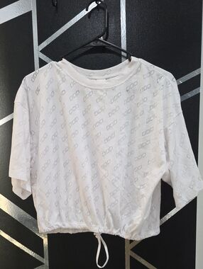 Lorna Jane White Short Sleeve Drawstring Crop Top with Subtle Geometric Print